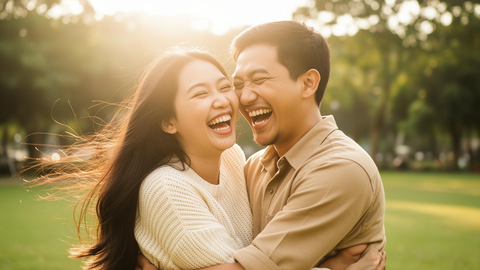 Pasangan tertawa hangat di pagi hari sambil membaca jurnal bersama