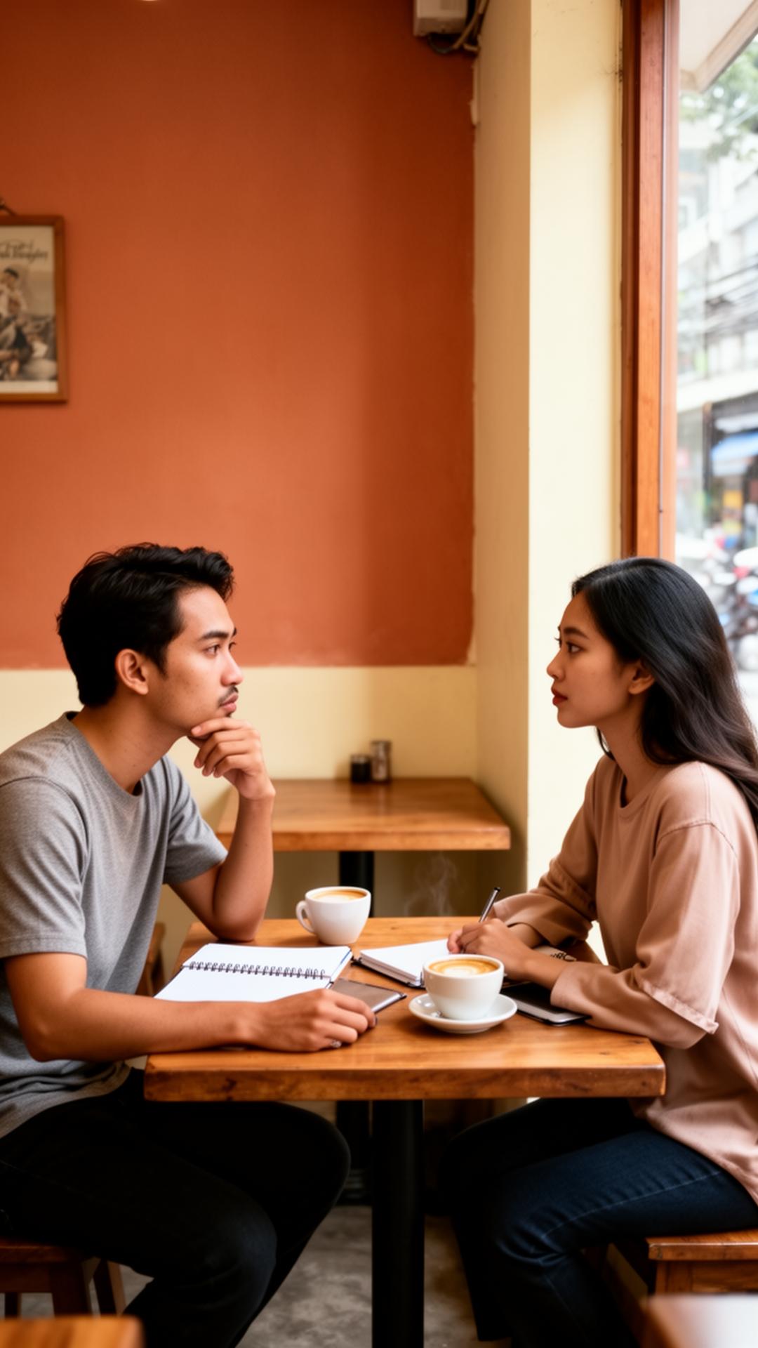 Pasangan Indonesia berbicara di kafe